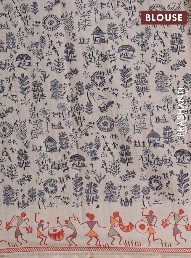 Semi tussar saree gray and cream with allover zari checks & warli prints  and printed border