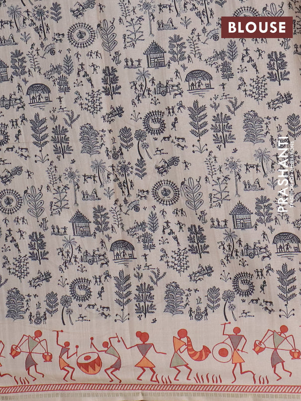 Semi tussar saree gray and cream with allover zari checks & warli prints  and printed border