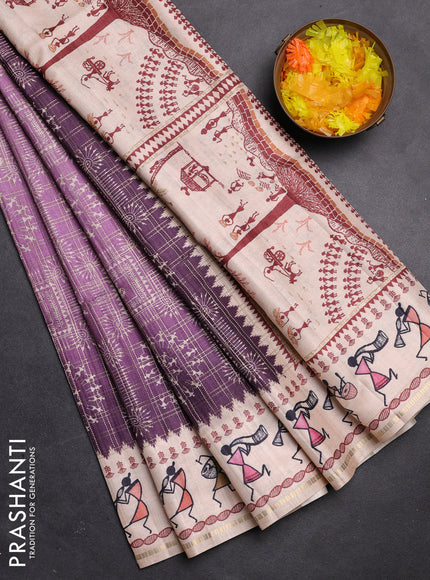 Semi tussar saree deap jamun and cream with allover zari checks & warli prints  and printed border