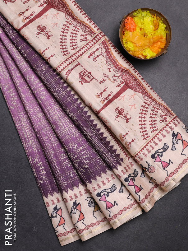 Semi tussar saree deap jamun and cream with allover zari checks & warli prints  and printed border