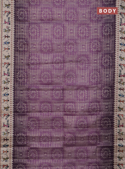 Semi tussar saree deap jamun and cream with allover zari checks & warli prints  and printed border