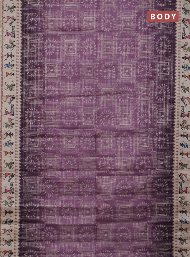 Semi tussar saree deap jamun and cream with allover zari checks & warli prints  and printed border