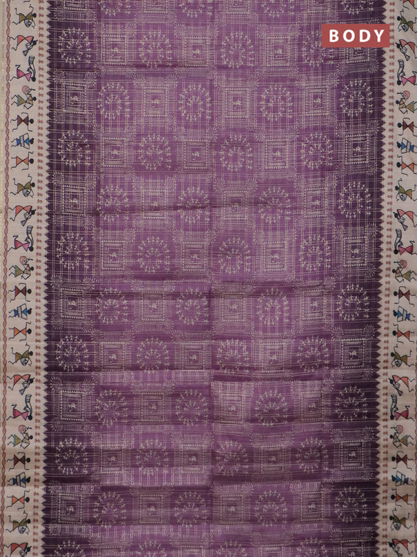 Semi tussar saree deap jamun and cream with allover zari checks & warli prints  and printed border