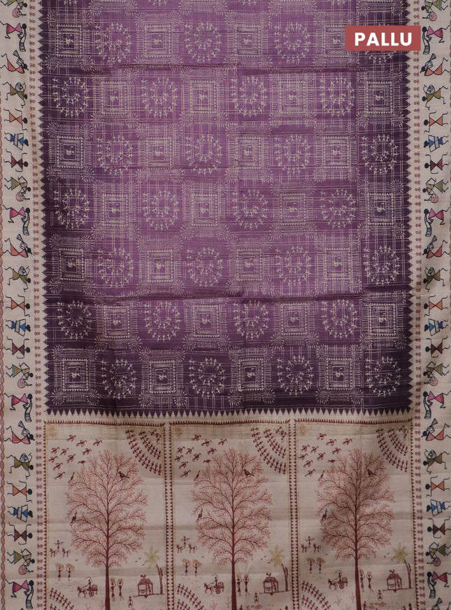 Semi tussar saree deap jamun and cream with allover zari checks & warli prints  and printed border