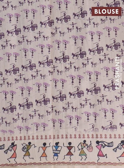 Semi tussar saree deap jamun and cream with allover zari checks & warli prints  and printed border