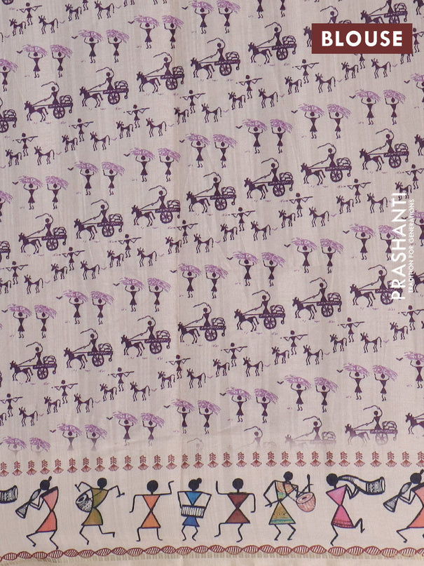 Semi tussar saree deap jamun and cream with allover zari checks & warli prints  and printed border