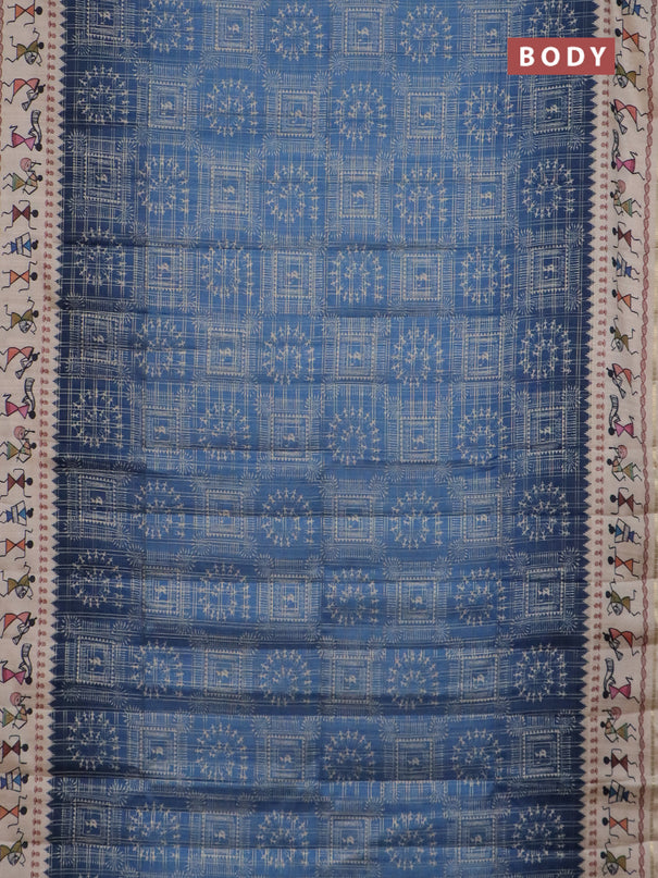 Semi tussar saree blue and cream with allover zari checks & warli prints  and printed border