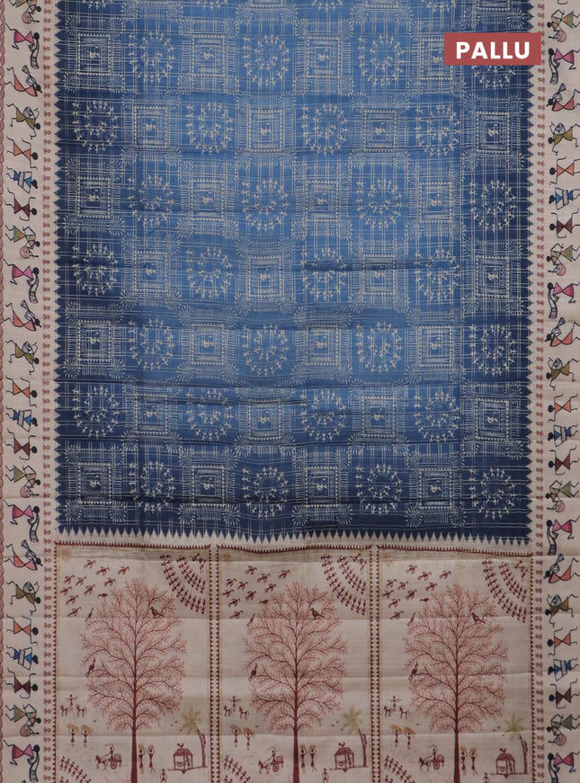 Semi tussar saree blue and cream with allover zari checks & warli prints  and printed border