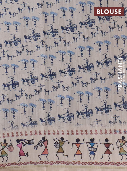 Semi tussar saree blue and cream with allover zari checks & warli prints  and printed border