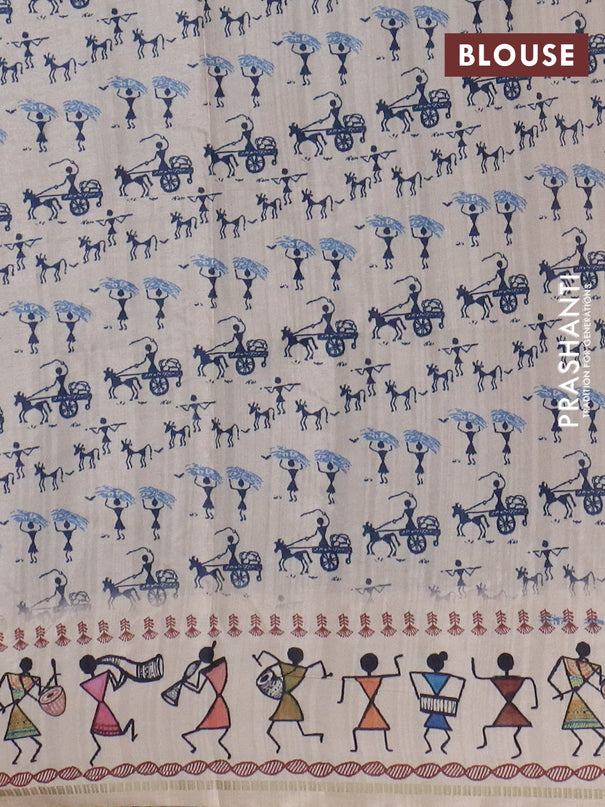 Semi tussar saree blue and cream with allover zari checks & warli prints  and printed border