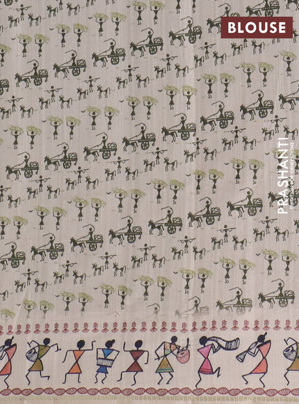 Semi tussar saree sap green and cream with allover zari checks & warli prints  and printed border