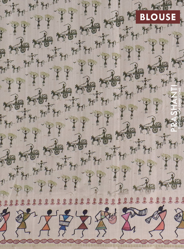 Semi tussar saree sap green and cream with allover zari checks & warli prints  and printed border