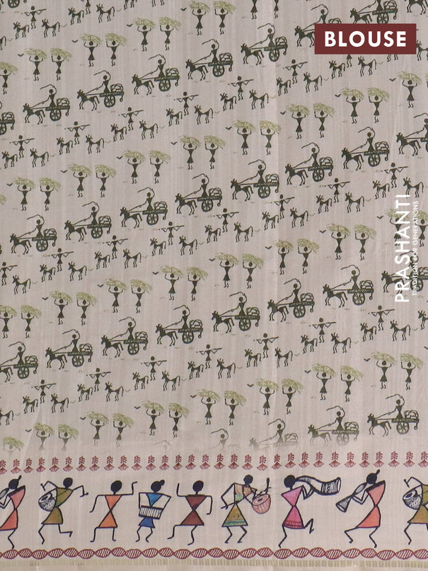 Semi tussar saree sap green and cream with allover zari checks & warli prints  and printed border