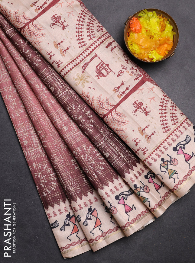 Semi tussar saree brown and cream with allover zari checks & warli prints  and printed border