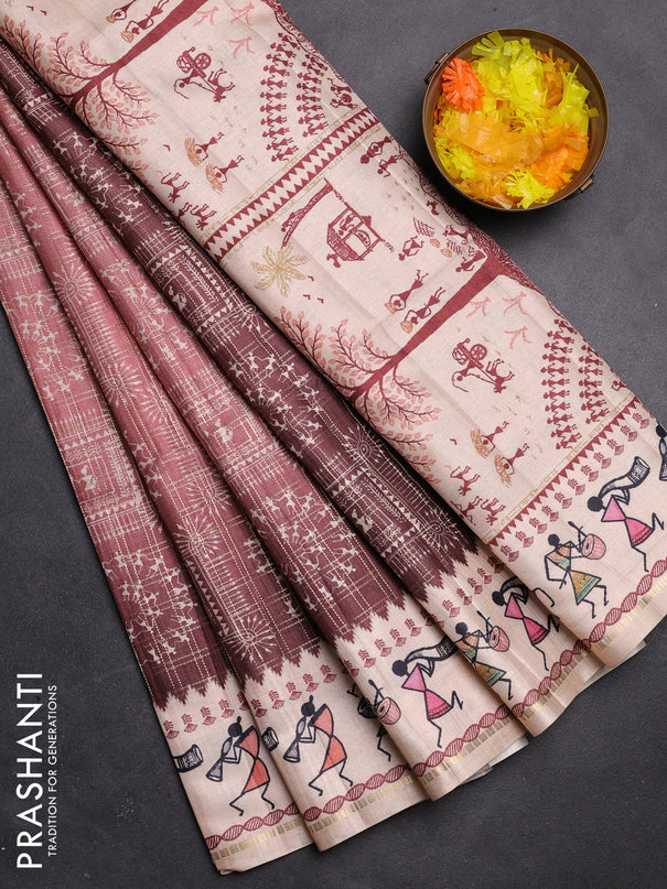Semi tussar saree brown and cream with allover zari checks & warli prints  and printed border