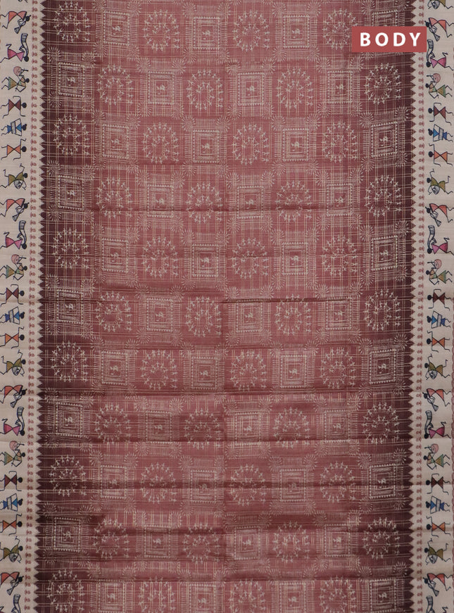 Semi tussar saree brown and cream with allover zari checks & warli prints  and printed border