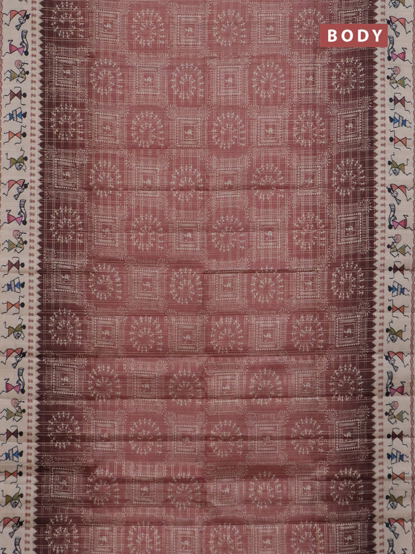 Semi tussar saree brown and cream with allover zari checks & warli prints  and printed border