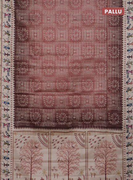 Semi tussar saree brown and cream with allover zari checks & warli prints  and printed border