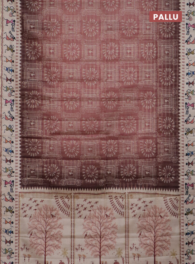 Semi tussar saree brown and cream with allover zari checks & warli prints  and printed border