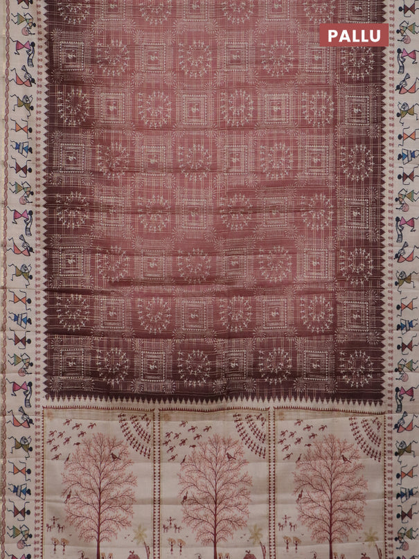 Semi tussar saree brown and cream with allover zari checks & warli prints  and printed border