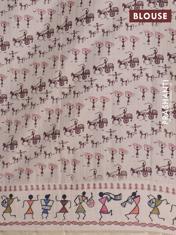 Semi tussar saree brown and cream with allover zari checks & warli prints  and printed border