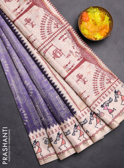 Semi tussar saree violet and cream with allover zari checks & warli prints  and printed border