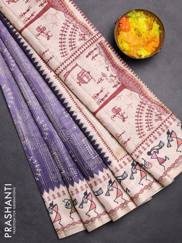 Semi tussar saree violet and cream with allover zari checks & warli prints  and printed border