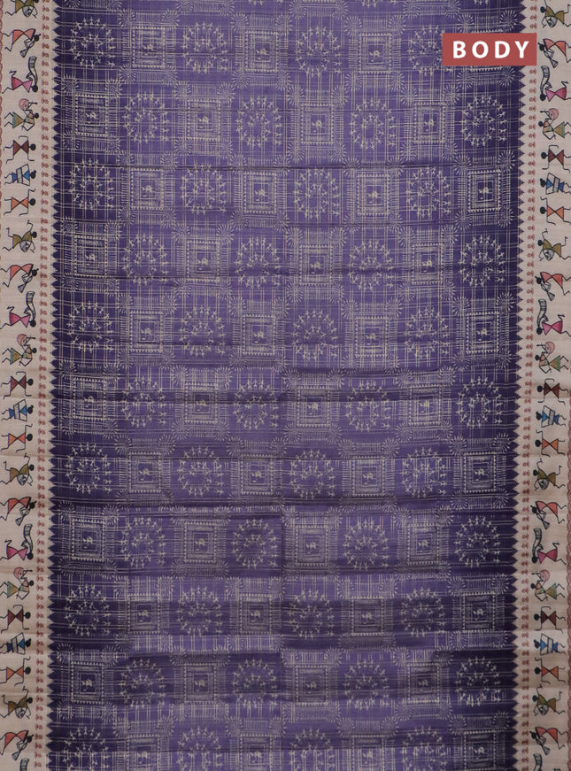 Semi tussar saree violet and cream with allover zari checks & warli prints  and printed border