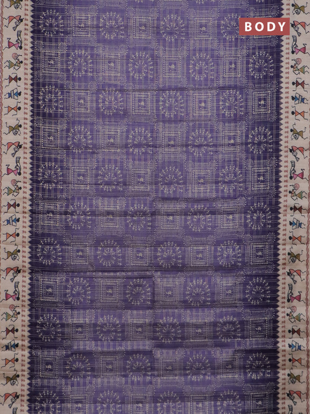 Semi tussar saree violet and cream with allover zari checks & warli prints  and printed border