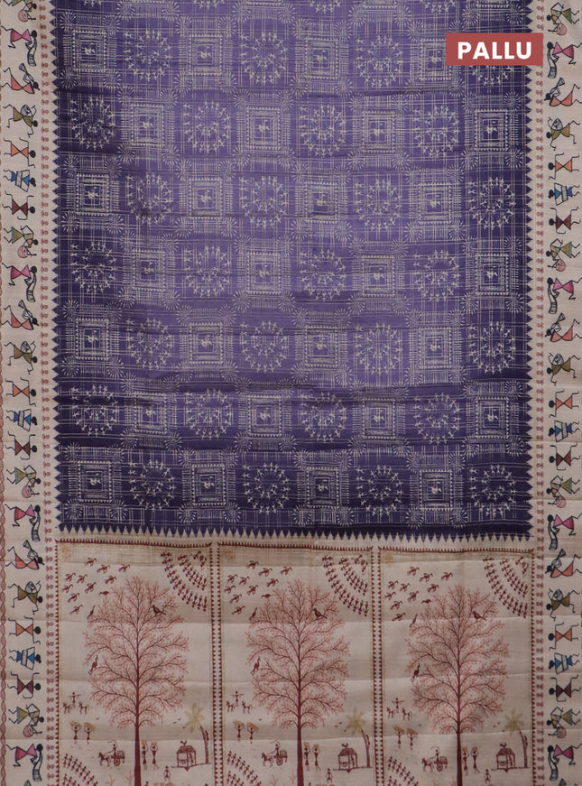 Semi tussar saree violet and cream with allover zari checks & warli prints  and printed border