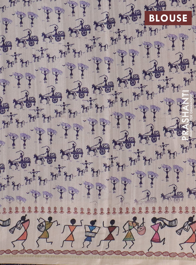 Semi tussar saree violet and cream with allover zari checks & warli prints  and printed border