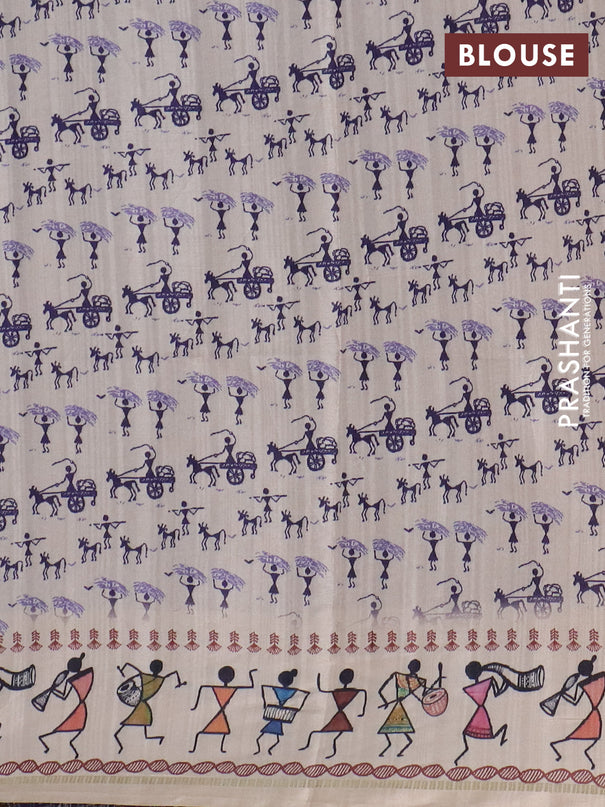 Semi tussar saree violet and cream with allover zari checks & warli prints  and printed border