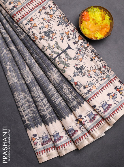 Semi tussar saree grey and cream with allover zari checks & warli prints  and printed border
