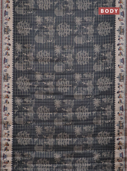 Semi tussar saree grey and cream with allover zari checks & warli prints  and printed border