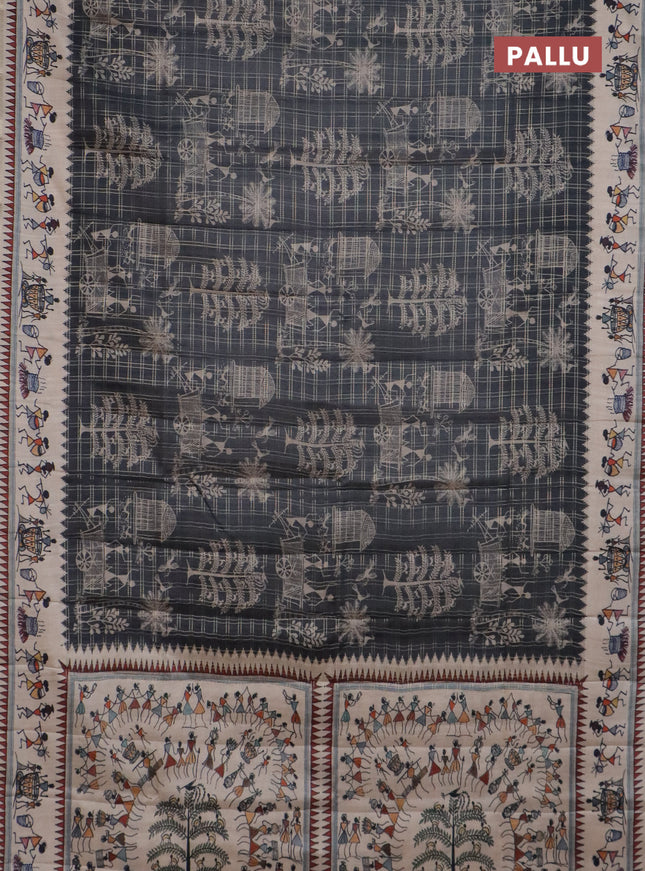 Semi tussar saree grey and cream with allover zari checks & warli prints  and printed border