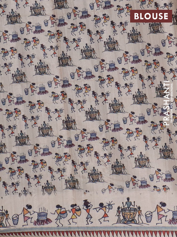 Semi tussar saree grey and cream with allover zari checks & warli prints  and printed border