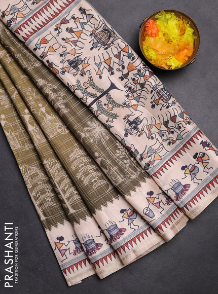 Semi tussar saree sap green and cream with allover zari checks & warli prints  and printed border