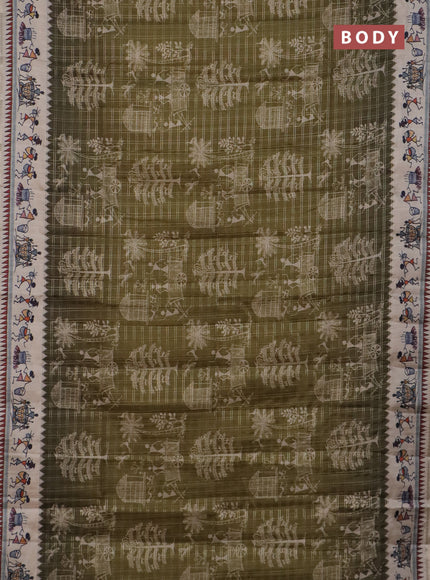 Semi tussar saree sap green and cream with allover zari checks & warli prints  and printed border