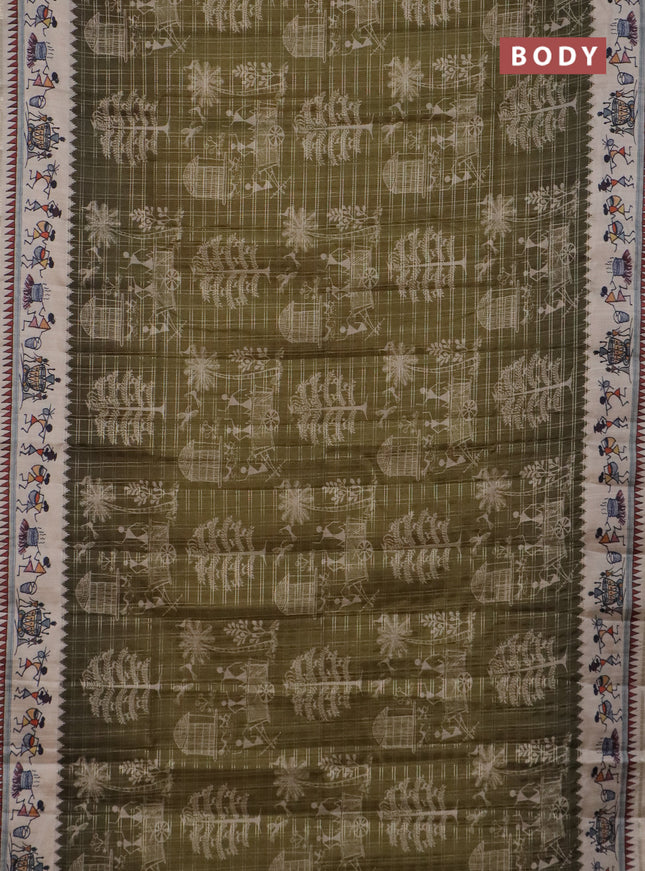 Semi tussar saree sap green and cream with allover zari checks & warli prints  and printed border
