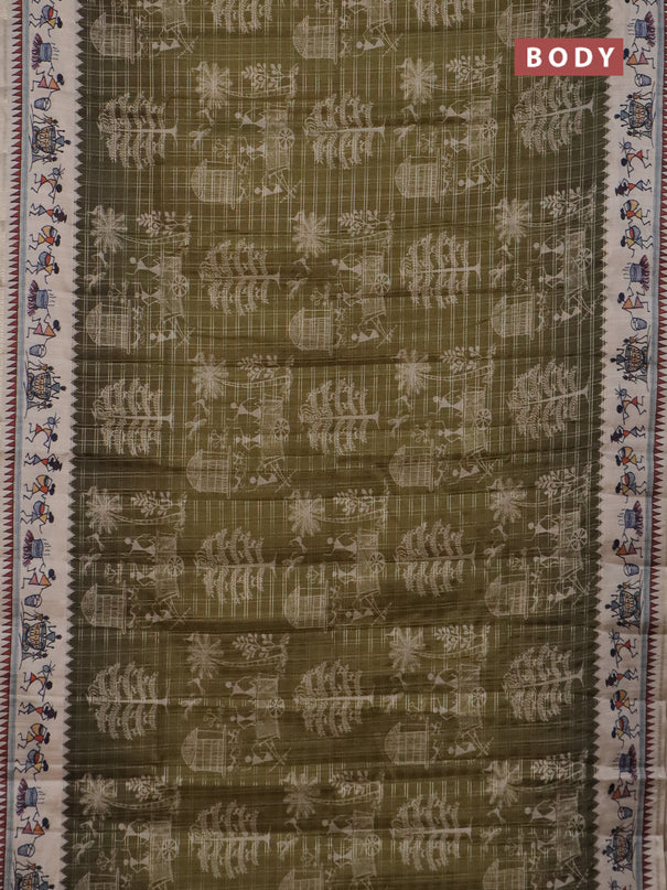 Semi tussar saree sap green and cream with allover zari checks & warli prints  and printed border