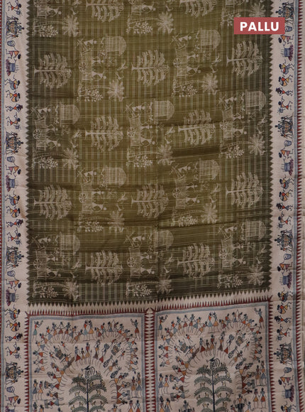 Semi tussar saree sap green and cream with allover zari checks & warli prints  and printed border