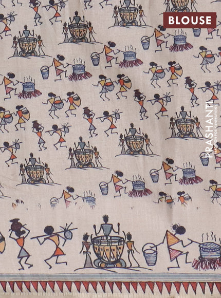 Semi tussar saree sap green and cream with allover zari checks & warli prints  and printed border