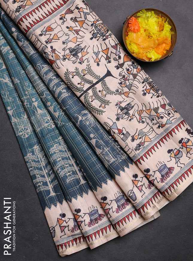 Semi tussar saree green and cream with allover zari checks & warli prints  and printed border