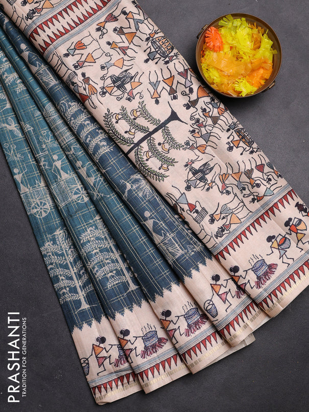 Semi tussar saree green and cream with allover zari checks & warli prints  and printed border