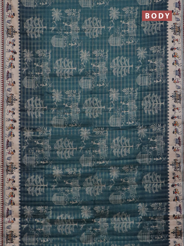 Semi tussar saree green and cream with allover zari checks & warli prints  and printed border