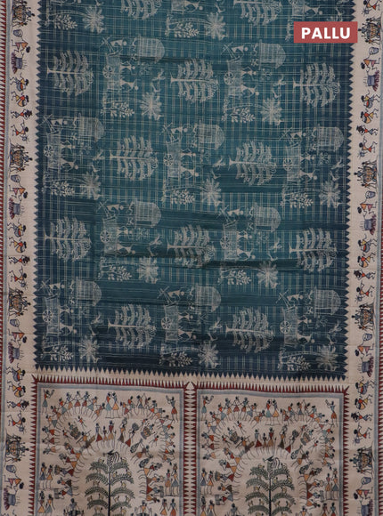 Semi tussar saree green and cream with allover zari checks & warli prints  and printed border