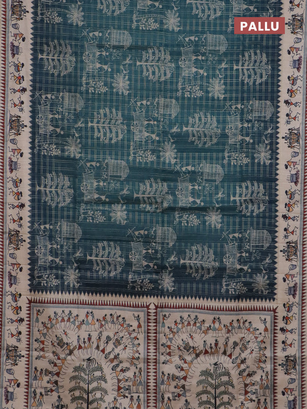 Semi tussar saree green and cream with allover zari checks & warli prints  and printed border