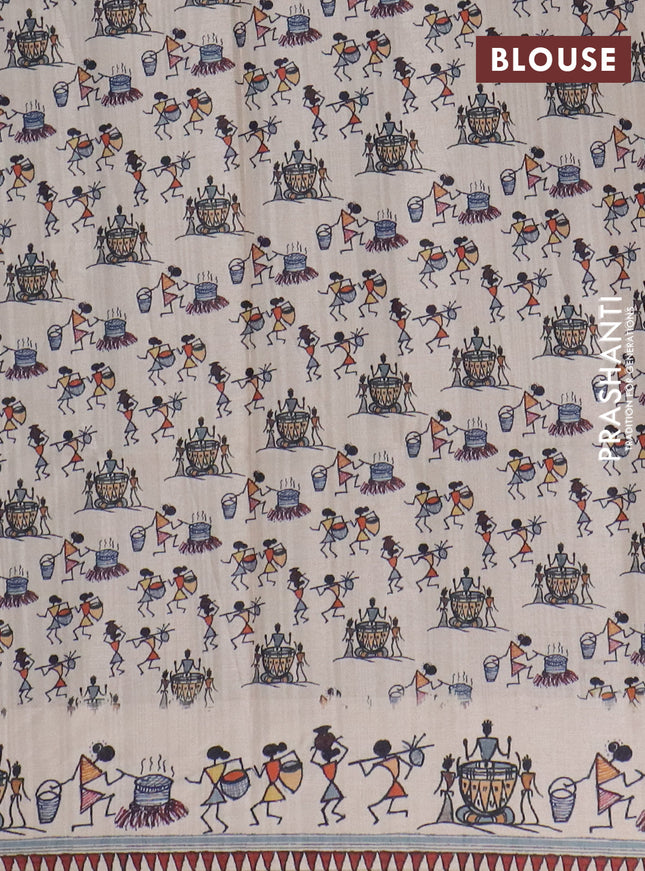 Semi tussar saree green and cream with allover zari checks & warli prints  and printed border