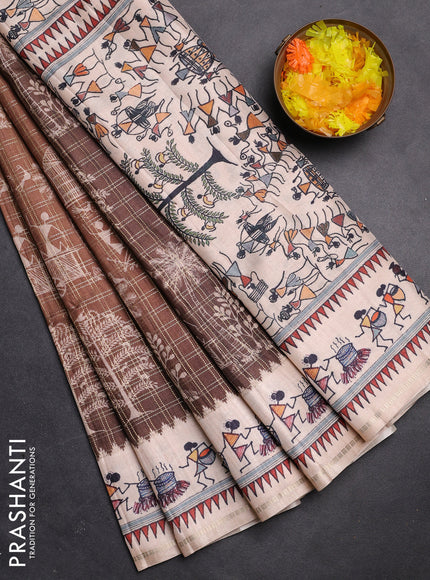 Semi tussar saree brown and cream with allover zari checks & warli prints  and printed border