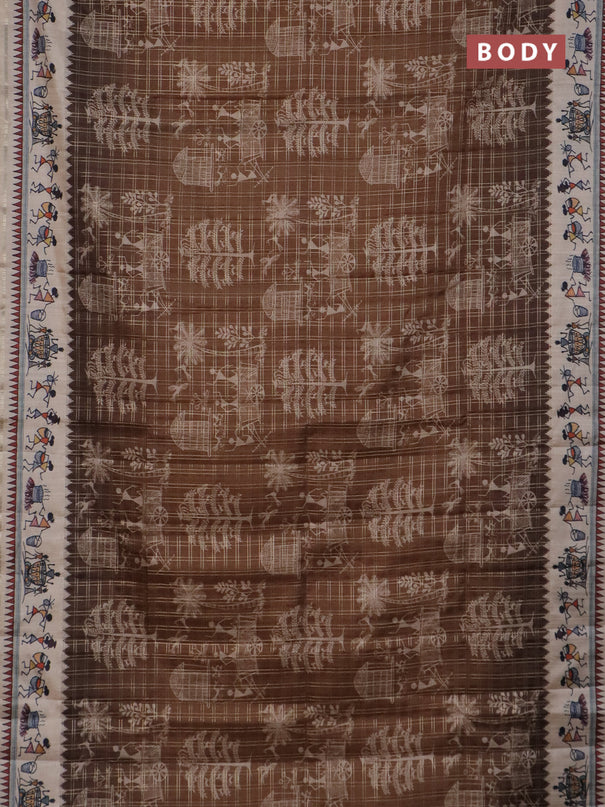 Semi tussar saree brown and cream with allover zari checks & warli prints  and printed border